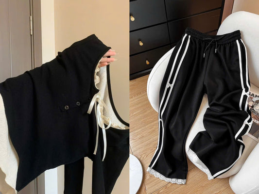 The upper body immediately makes the legs look straight! Black splicing contrast color casual pants for women new hot style straight floor-length pants ins