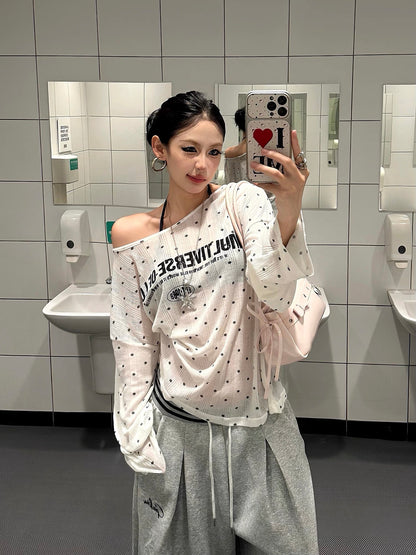 Baobaotang Women's Summer One-Shoulder Top: Sheer, Loose, Long-Sleeve Tee with American-Style Polka-Dot and Letter Print—Relaxed, Laid-Back Style.