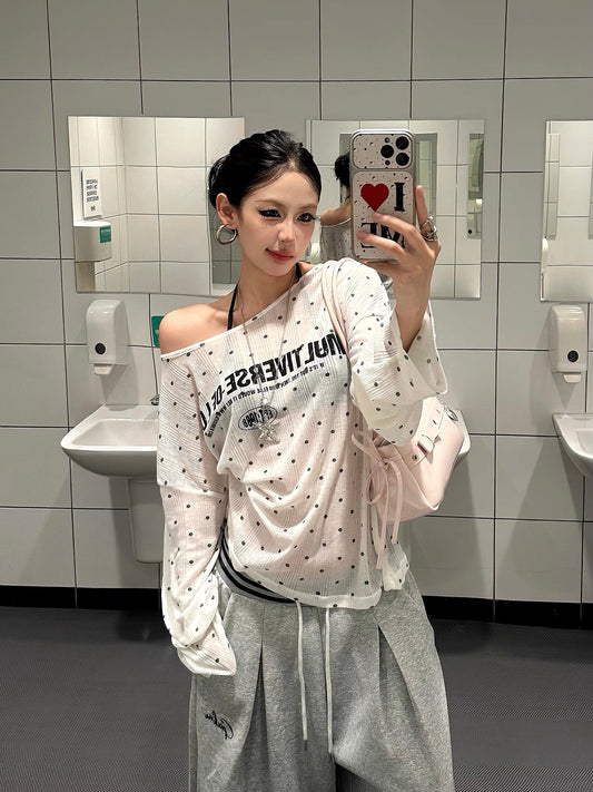Baobaotang Women's Summer One-Shoulder Top: Sheer, Loose, Long-Sleeve Tee with American-Style Polka-Dot and Letter Print—Relaxed, Laid-Back Style.