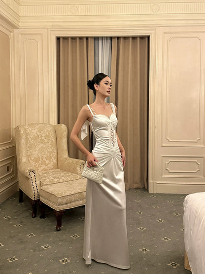 VENUIE French-style satin slim-fit mermaid dress with ruched details, perfect for a birthday or bodycon look.