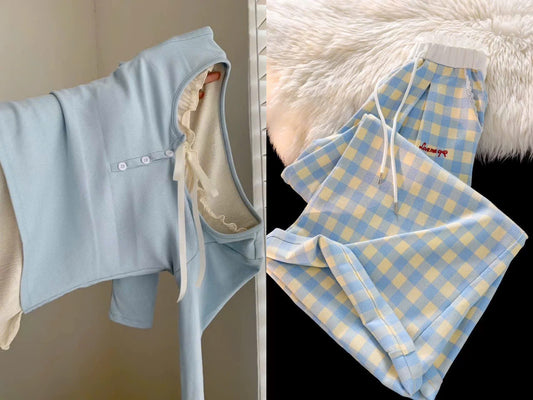 The best style~ the pants are awesome! American style hot girl light blue plaid casual pants for women spliced fake two-piece wide-leg pants
