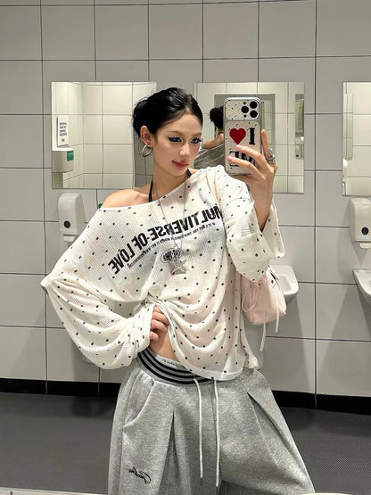 Baobaotang Women's Summer One-Shoulder Top: Sheer, Loose, Long-Sleeve Tee with American-Style Polka-Dot and Letter Print—Relaxed, Laid-Back Style.