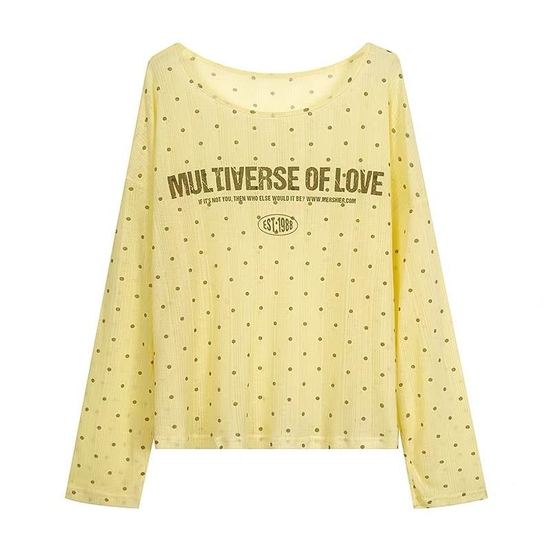 Baobaotang Women's Summer One-Shoulder Top: Sheer, Loose, Long-Sleeve Tee with American-Style Polka-Dot and Letter Print—Relaxed, Laid-Back Style.