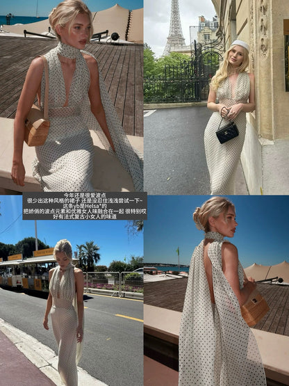 JAYKY YANG 【Polka Dot Brandy】Backless Polka Dot French Dress, Elegant Halter Neck Tie-Waist Long Dress
