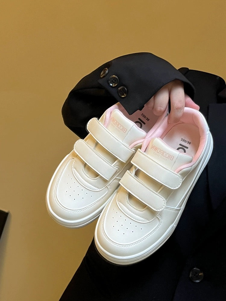 Lin Xiansan cream Velcro thick-soled white shoes for women 2024 autumn new niche non-colliding leather panel shoes