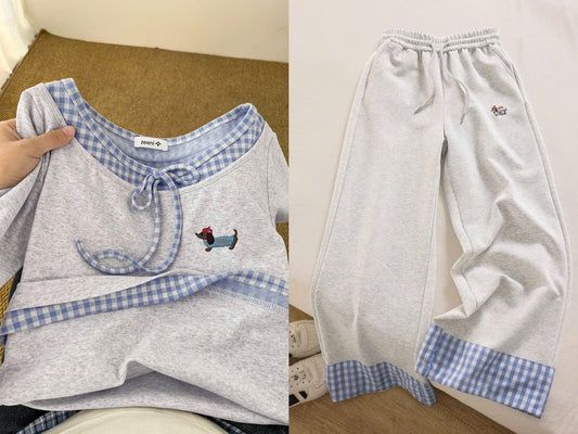 A treasure item for everyone~ New plaid stitching fake two-piece sausage dog embroidered T-shirt for women
