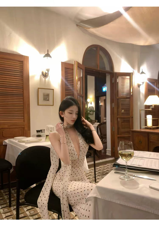 JAYKY YANG 【Polka Dot Brandy】Backless Polka Dot French Dress, Elegant Halter Neck Tie-Waist Long Dress