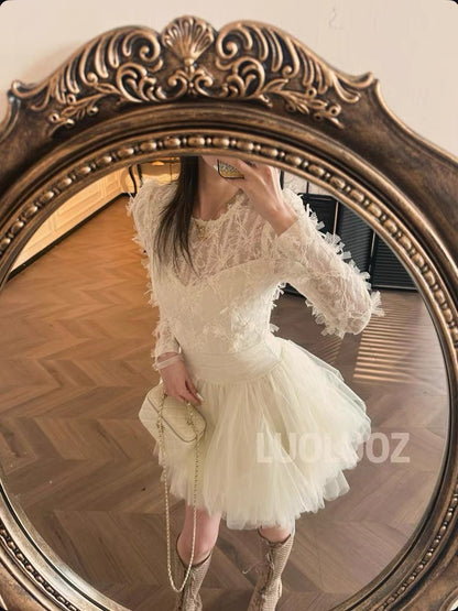 LUOLUOZ【Flower Love】Long-sleeved, elegant, high-end, short, fashionable dress JF580