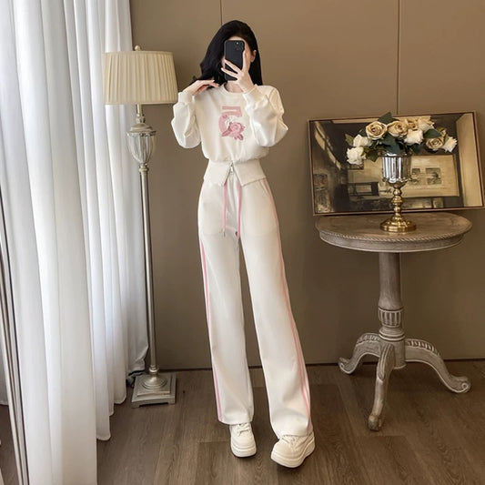 White high-end sports casual suit for women, autumn fashion, fashionable Internet celebrity street sweatshirt, trousers, slimming two-piece set
