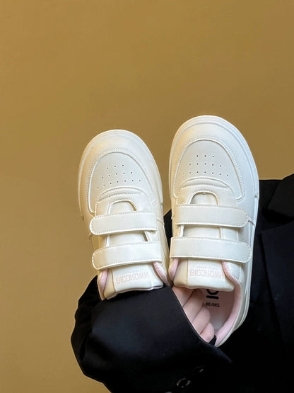 Lin Xiansan cream Velcro thick-soled white shoes for women 2024 autumn new niche non-colliding leather panel shoes