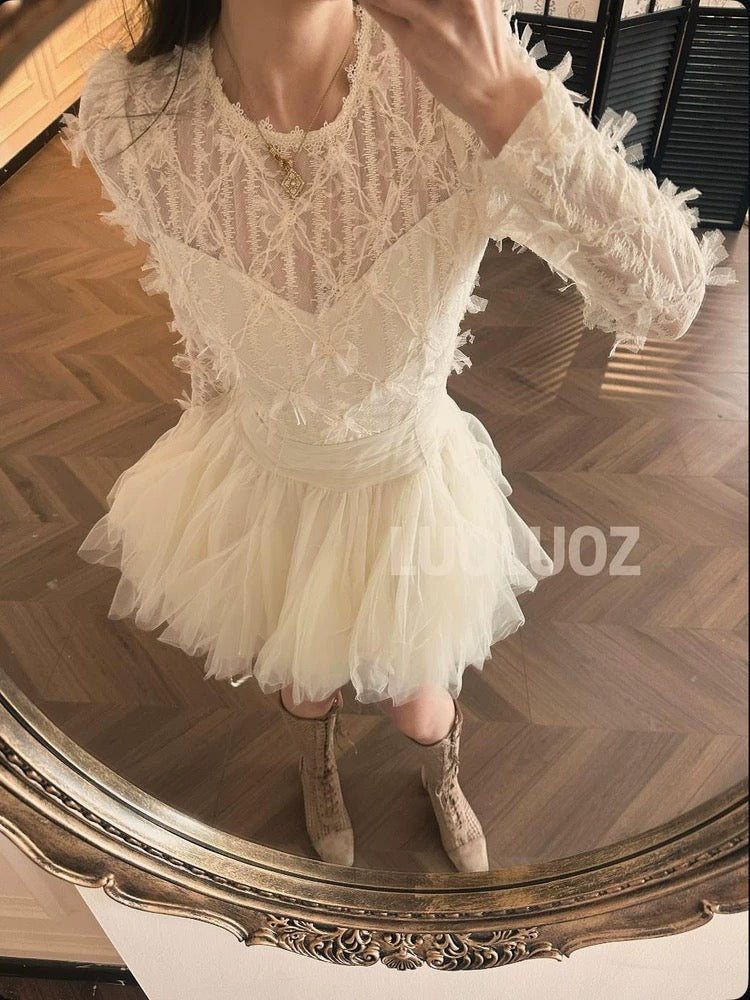LUOLUOZ【Flower Love】Long-sleeved, elegant, high-end, short, fashionable dress JF580