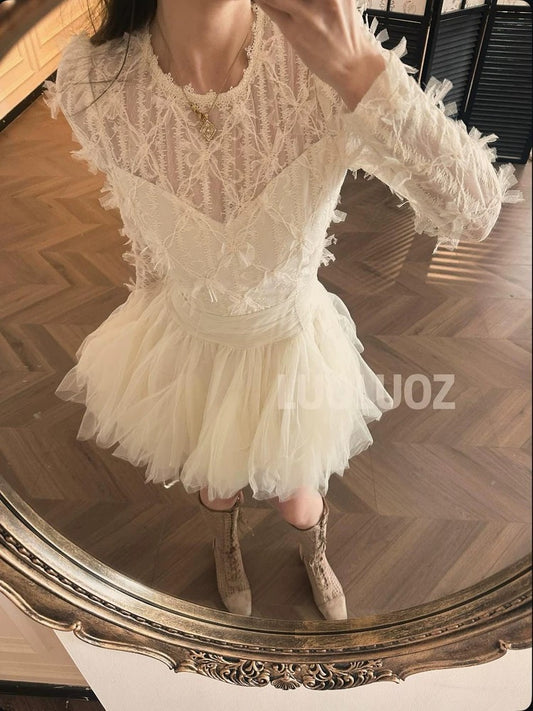 LUOLUOZ【Flower Love】Long-sleeved, elegant, high-end, short, fashionable dress JF580