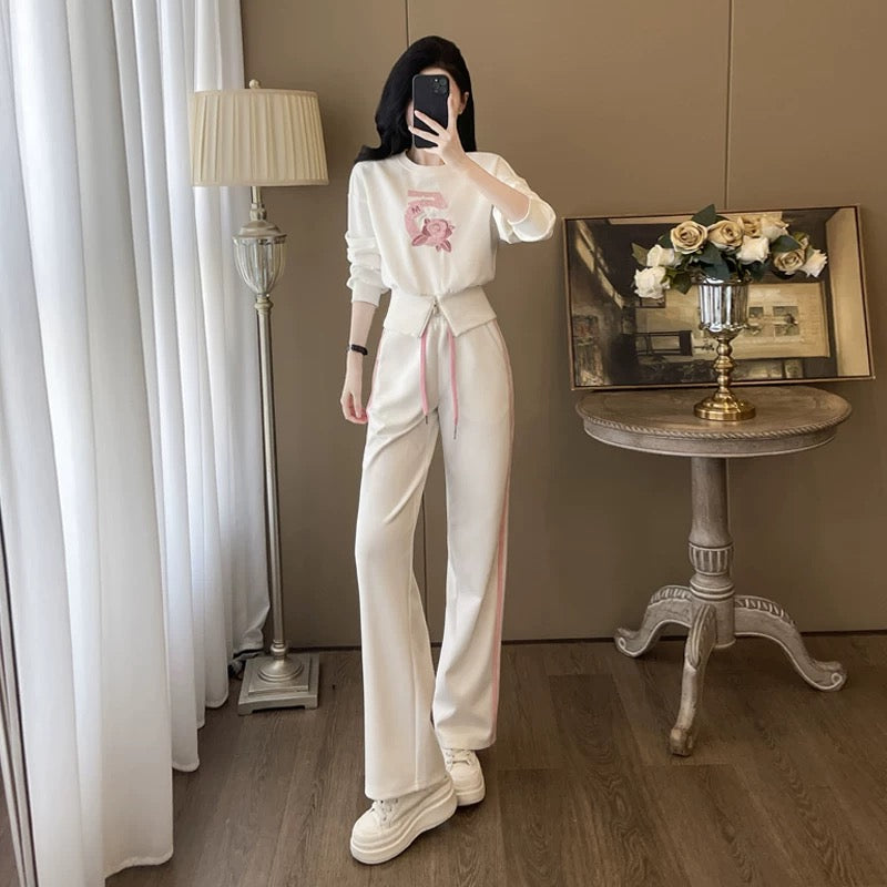 White high-end sports casual suit for women, autumn fashion, fashionable Internet celebrity street sweatshirt, trousers, slimming two-piece set