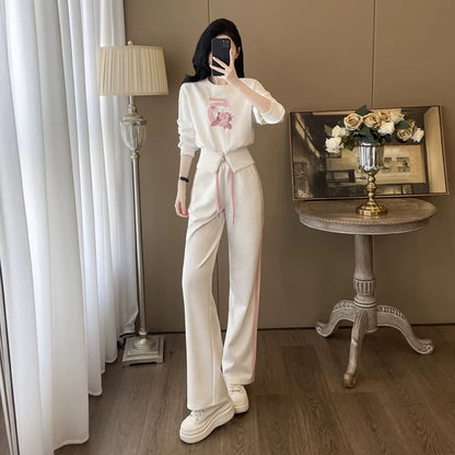 White high-end sports casual suit for women, autumn fashion, fashionable Internet celebrity street sweatshirt, trousers, slimming two-piece set