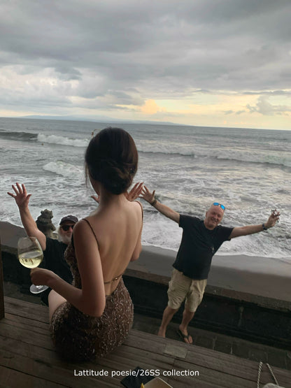 Lattitude/Yang Xiaolu Handmade Beaded Backless Spaghetti Strap Bodycon Dress