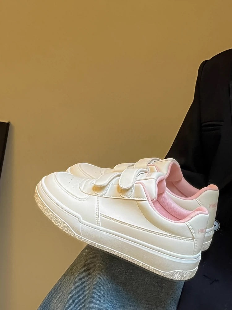 Lin Xiansan cream Velcro thick-soled white shoes for women 2024 autumn new niche non-colliding leather panel shoes
