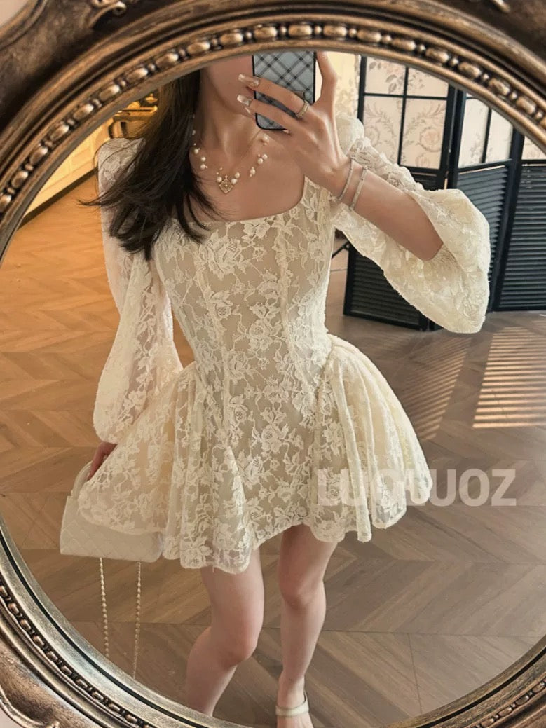 LUOLUOZ [Autumn Love Letter] High-end temperament beautiful long-sleeved square neck short fashion dress JF963