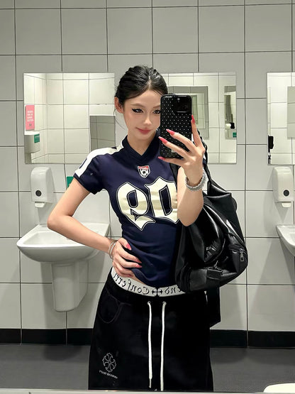 Baobaotang Women's Retro Number-Print Short-Sleeve Sports T-Shirt – Slim-Fit American "Hot Girl" Style Jersey-Inspired Blue Summer Top