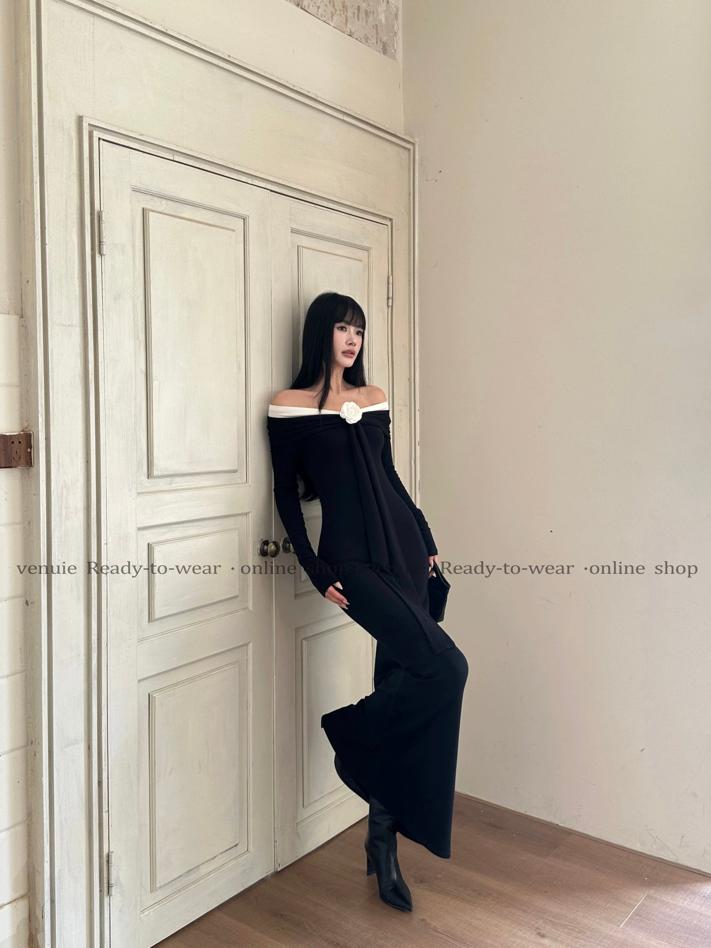 VENUIE Off-Shoulder Long-Sleeve Knitted Dress for Women, Autumn/Winter, Long, Elegant, Slim Fit, Black Evening Dress