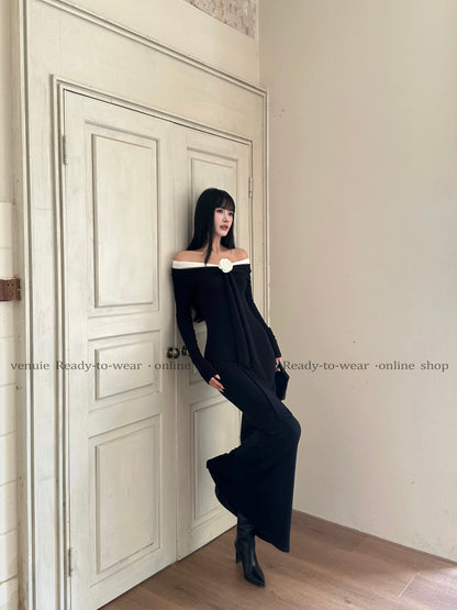 VENUIE Off-Shoulder Long-Sleeve Knitted Dress for Women, Autumn/Winter, Long, Elegant, Slim Fit, Black Evening Dress