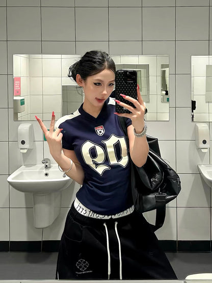Baobaotang Women's Retro Number-Print Short-Sleeve Sports T-Shirt – Slim-Fit American "Hot Girl" Style Jersey-Inspired Blue Summer Top