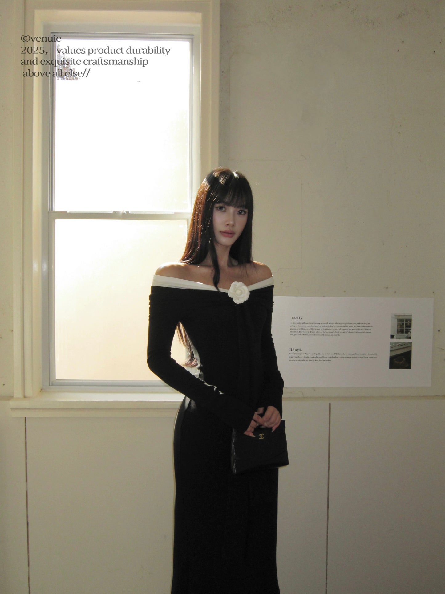 VENUIE Off-Shoulder Long-Sleeve Knitted Dress for Women, Autumn/Winter, Long, Elegant, Slim Fit, Black Evening Dress