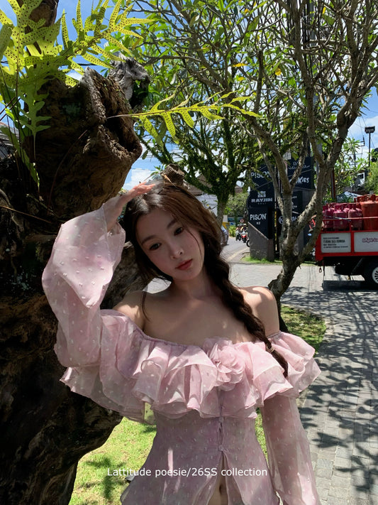 Lattitude/Yang Xiaolu Pink Polka Dot Off-Shoulder Floral Top