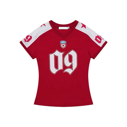 Baobaotang Women's Retro Number-Print Short-Sleeve Sports T-Shirt – Slim-Fit American "Hot Girl" Style Jersey-Inspired Blue Summer Top