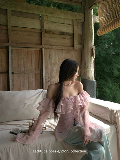 Lattitude/Yang Xiaolu Pink Polka Dot Off-Shoulder Floral Top