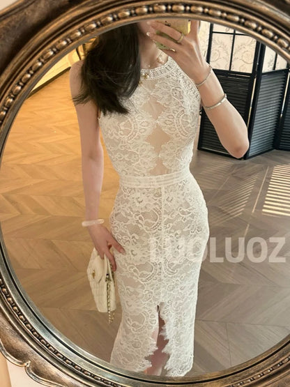 LUOLUOZ【Fantasy Feast】Beautiful Temperament Goddess Light Luxury Lace Irregular Long Dress JF804
