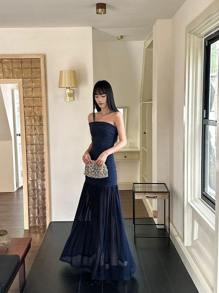 VENUIE Navy Blue Glittering Mesh One-Shoulder Strapless Dress - Sexy, Stylish, Front Slit, Slightly Sheer, Slim Fit Long Dress