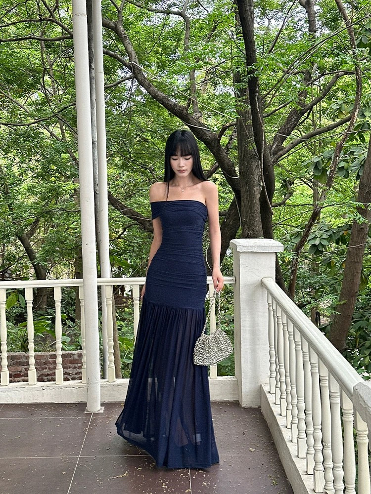 VENUIE Navy Blue Glittering Mesh One-Shoulder Strapless Dress - Sexy, Stylish, Front Slit, Slightly Sheer, Slim Fit Long Dress