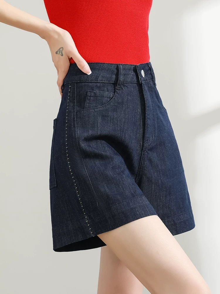 Lyocell Tencel Cotton Denim Shorts Women's Summer Thin High Waist Loose Straight A-Line Denim Blue Wide Leg Pants