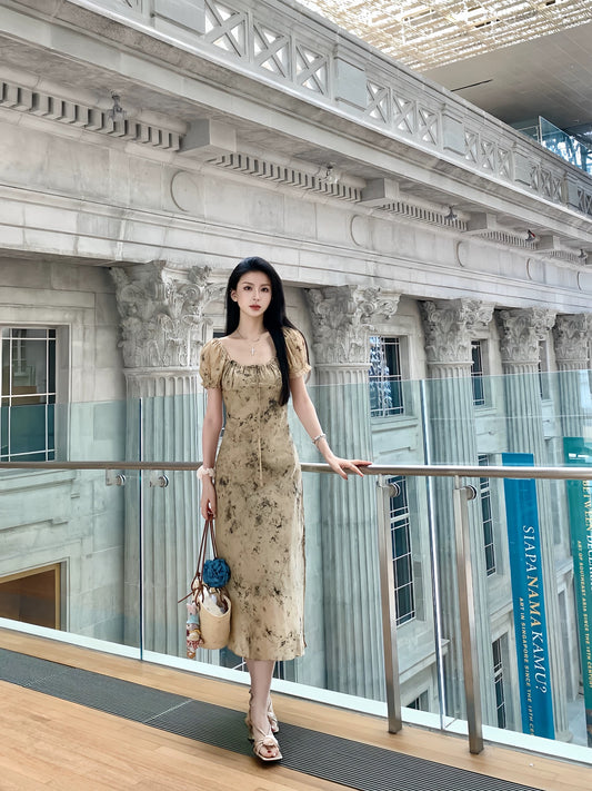 Little Elephant [Songli Tea Talk] New Chinese style ink smudged chiffon square neck puff sleeve dress for women A-line long skirt