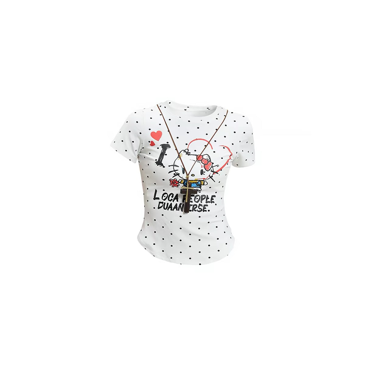 "Pop-Candy" Style: Fun Hello Kitty Graffiti & Polka-Dot Short-Sleeve Crop Top – Slim-Fit, Regular-Shoulder, Edgy-Cute Summer Tee
