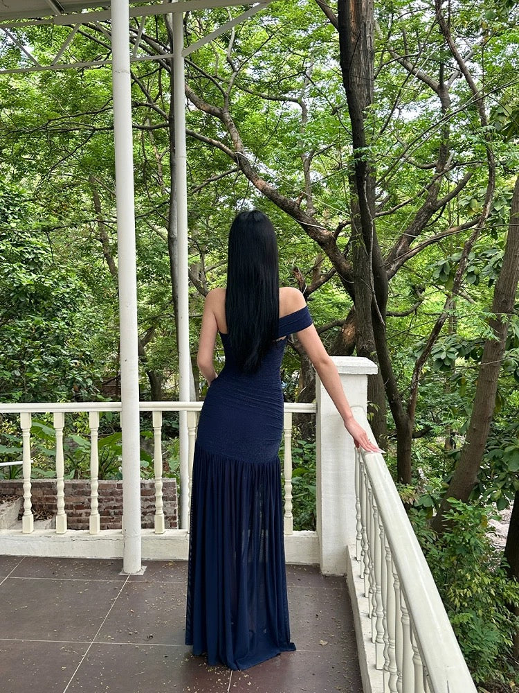 VENUIE Navy Blue Glittering Mesh One-Shoulder Strapless Dress - Sexy, Stylish, Front Slit, Slightly Sheer, Slim Fit Long Dress