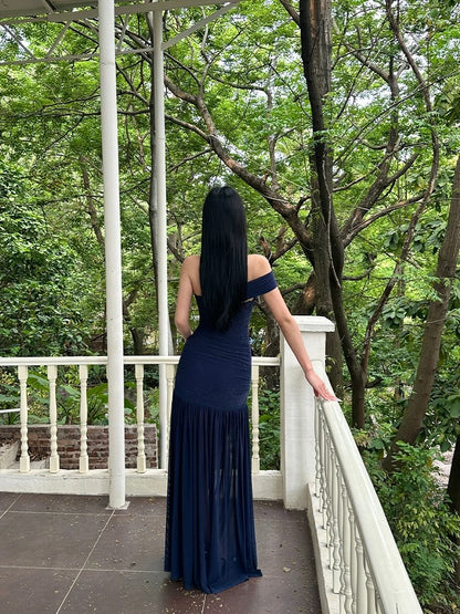 VENUIE Navy Blue Glittering Mesh One-Shoulder Strapless Dress - Sexy, Stylish, Front Slit, Slightly Sheer, Slim Fit Long Dress