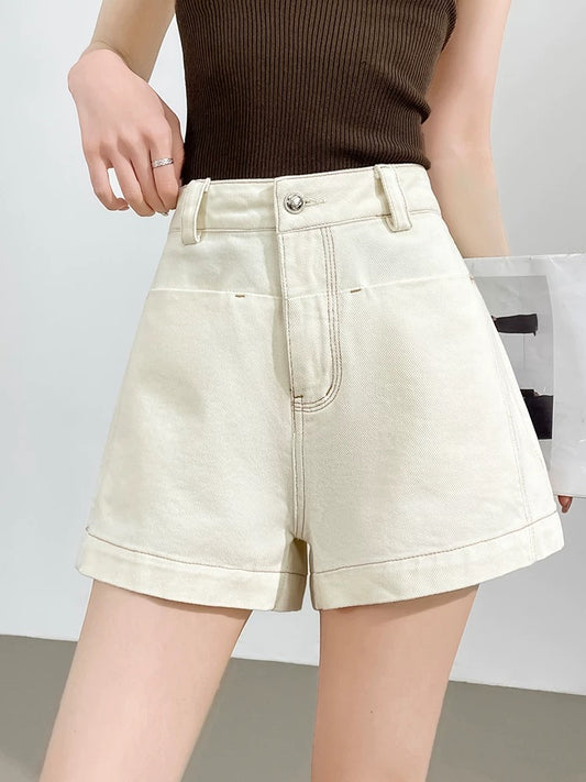 100% cotton denim shorts for women summer thin loose slim high waist a-line versatile beige straight wide leg hot pants