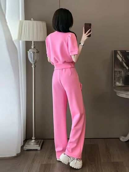 Pink internet celebrity sports and leisure suit for women, summer fashion, slim and beautiful, fashionable street short-sleeved wide-leg pants two-piece set