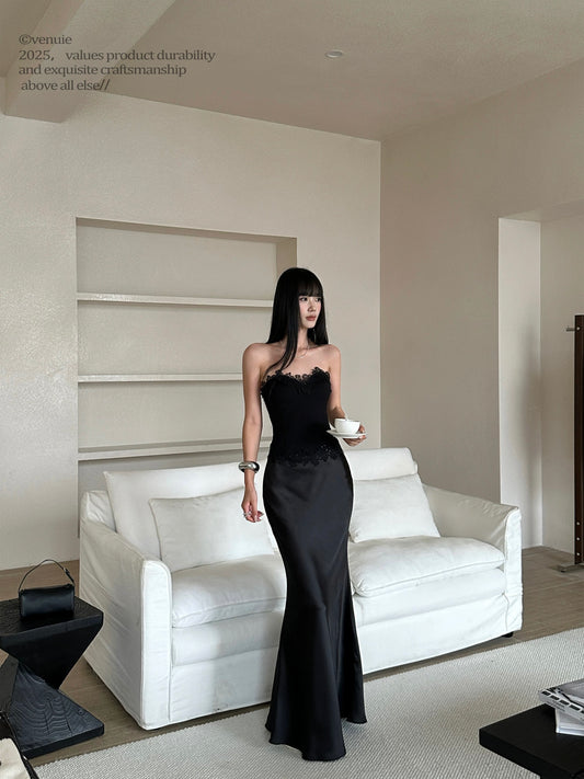VENUIE French-style faux two-piece patchwork strapless lace fishtail maxi dress birthday party dress little black dress mermaid dress