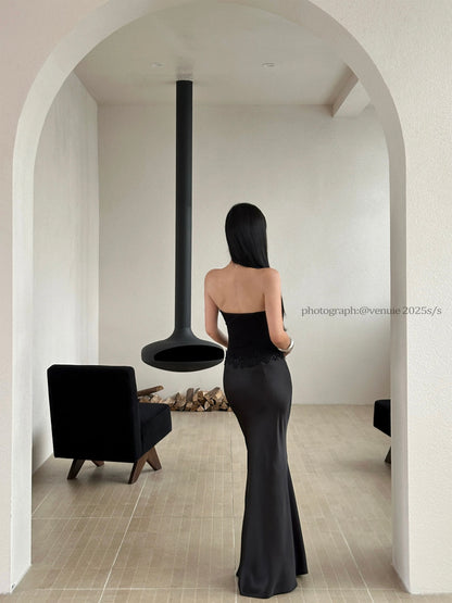 VENUIE French-style faux two-piece patchwork strapless lace fishtail maxi dress birthday party dress little black dress mermaid dress