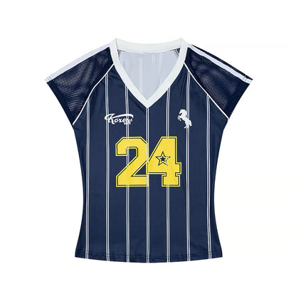 Baobaotang Women's Retro American Sporty Striped Short-Sleeve Jersey-Style Tee – Slim-Fit, Color-Block Graphic Top