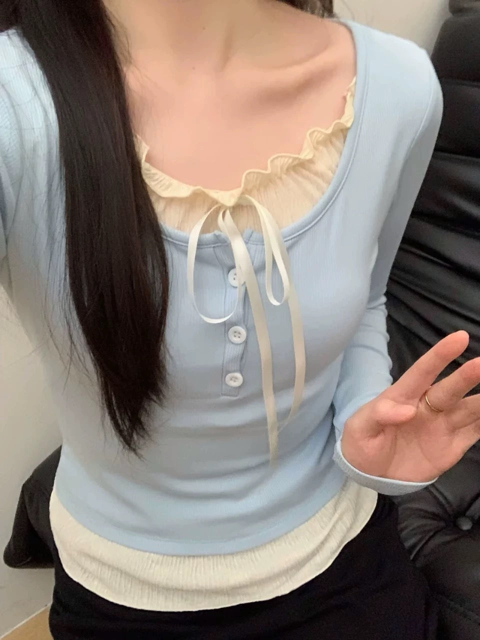 [Free trial] Sweet and spicy top design fake two-piece bottoming shirt short style inner long-sleeved T-shirt for women