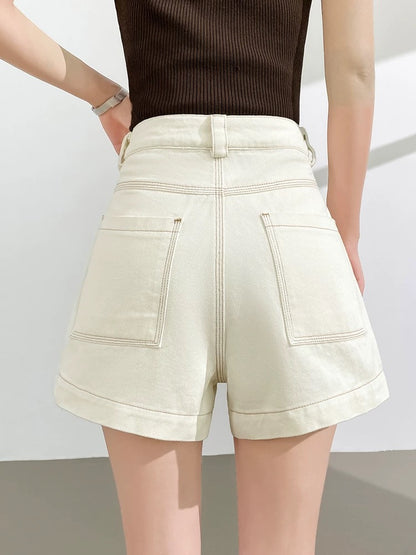 100% cotton denim shorts for women summer thin loose slim high waist a-line versatile beige straight wide leg hot pants