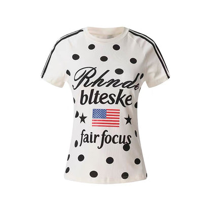 Baobaotang Summer Slim-Fit Raglan-Sleeve T-Shirt with American-Style Letter Print & Polka Dots – Stylish, Versatile, and Flattering (Trendy/Instagram-Style)