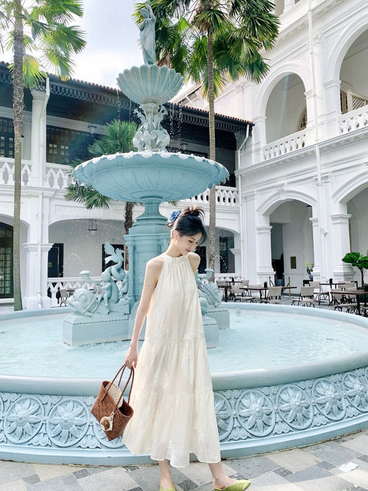 Little Elephant [Moonlight Poet] double-layer pleated layered stitching embroidered halterneck dress French long skirt for women