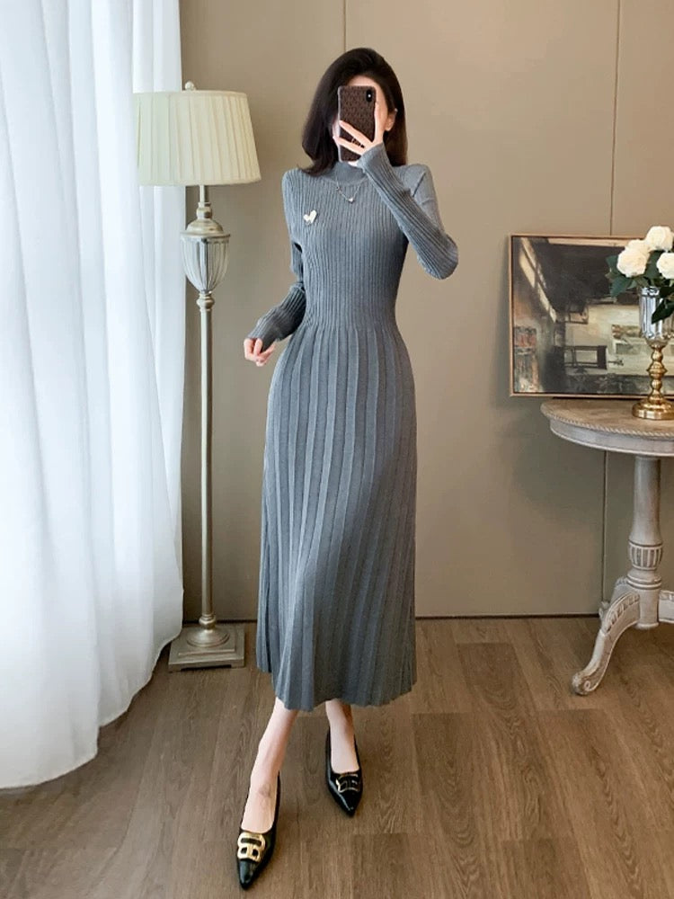 Gray knitted dress for women in autumn and winter, slimming with bottoming sweater, long skirt, high-end, super pretty and elegant skirt