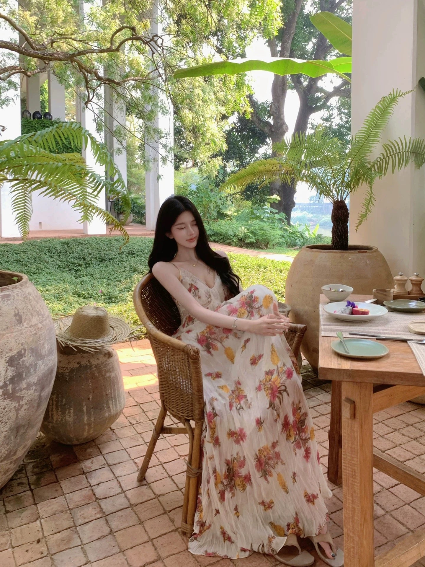 JAYKY YANG 【Lake Como Garden】Pleated Full Skirt Dress, Long Dress, Floral Print Sundress, Summer