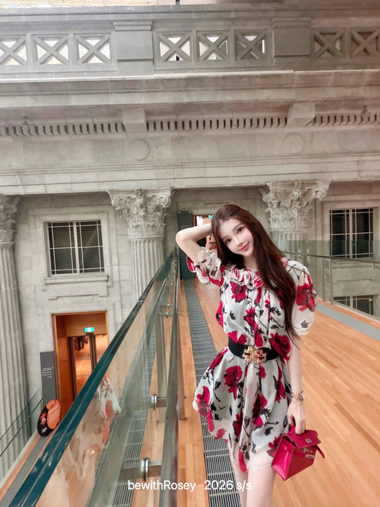 bewithRosey 【Passionate Roses】High Vitality Petal Collar Printed Babydoll Dress with Puff Sleeves