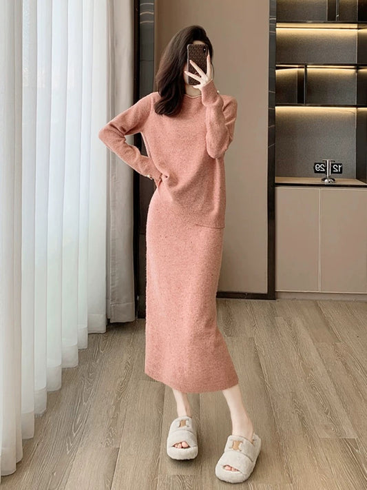 Pink knitted skirt suit for women in autumn and winter, fashionable street style, age-reducing temperament, high-end sweater, half skirt, two-piece set